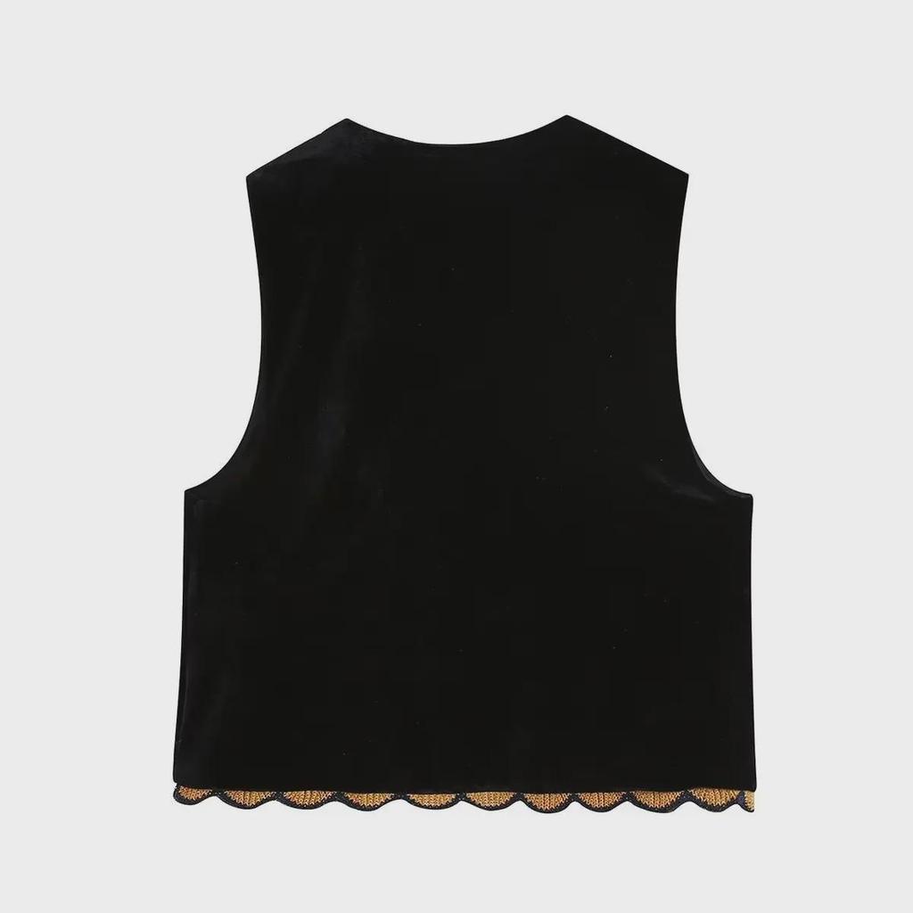 2023 Ретро черный вышитый бархатный жилет для женщин
