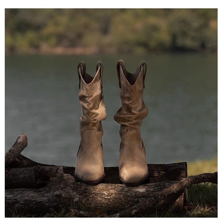 Версия из овчины~ ретро западные ковбойские сапоги с острым носком на толстом каблуке короткие сапоги тонкий V-образный вырез плиссированные сапоги-чулки женские сапоги средней высоты