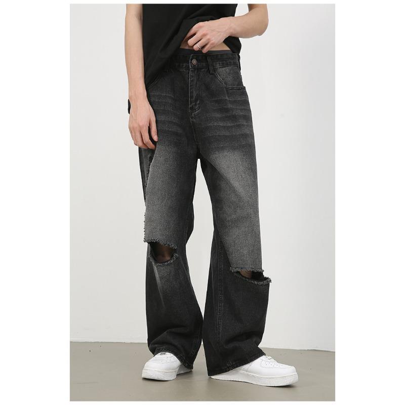 Long Trousers Broken Jeans Men's High Street Hip-hop Washed Loose Straight Pants Straight Loose Jeans for Men Fashionable and Comfortable Pants