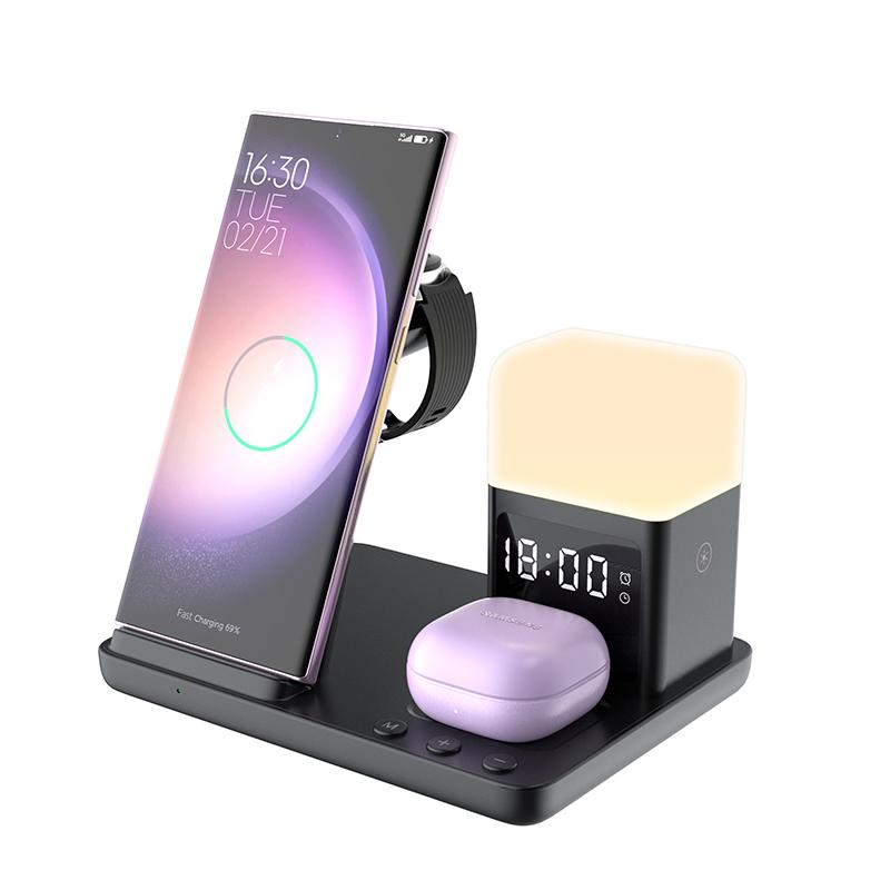 Desktop Multifunctional 15w Fast Charger 6 in 1 Wireless Charger with Alarm Clock Night Light for Samsung for iphone