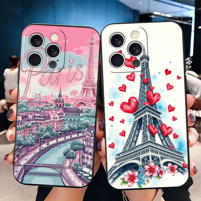 Франция Эйфелева башня Париж Мягкий чехол для телефона для iPhone 16 16E 17 Air 15 Pro Max 14 Plus 13 Mini 11 12 7 Черный чехол Задняя панель