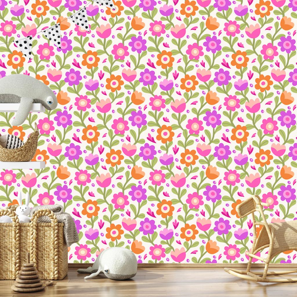 Wallpaper Colorful Flowers White and Powder Pink for Living Room and Bedroom 50x1000