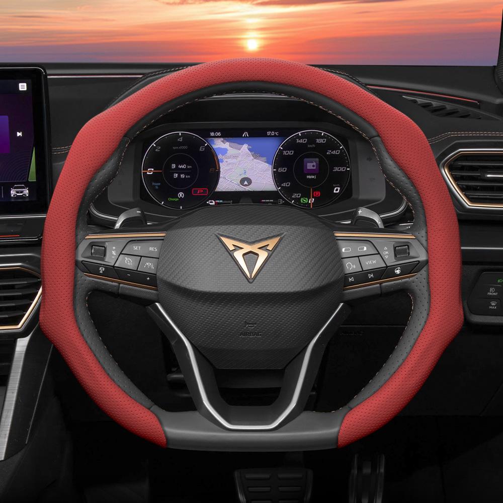 zkfan8 Suitable for Cupra Perforated Leather Steering Wheel Cover, Non-Slip, Sweat-Absorbent, Breathable, Integrated Snap-On