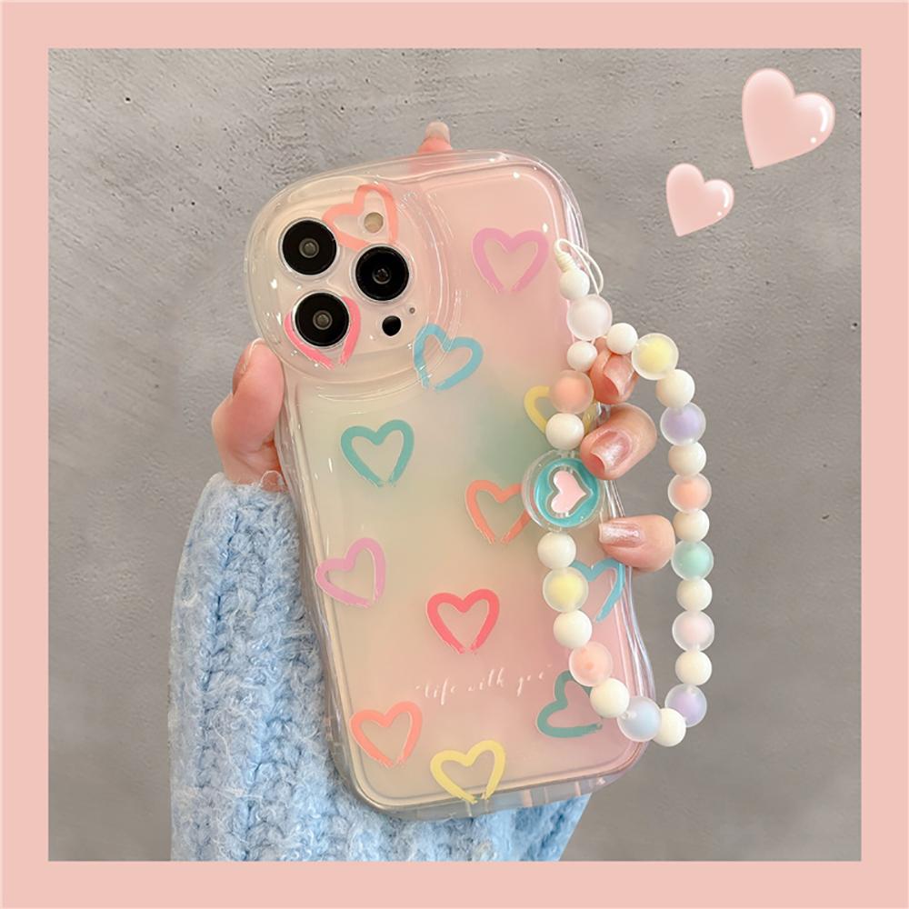 Korea Cute Heart Bracelet Transparent Love Lovely Phone Case For Iphone 14 13 12 11 Pro Max Plus Wristband Shockproof Soft Cover