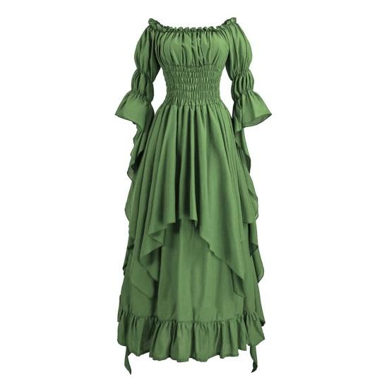 Women Ball Gown Off Shoulder Gothic Long Horn Sleeves Irregular Layered Pleated Elastic Tight Waist Solid Color Retro Renaissance Princess Dress