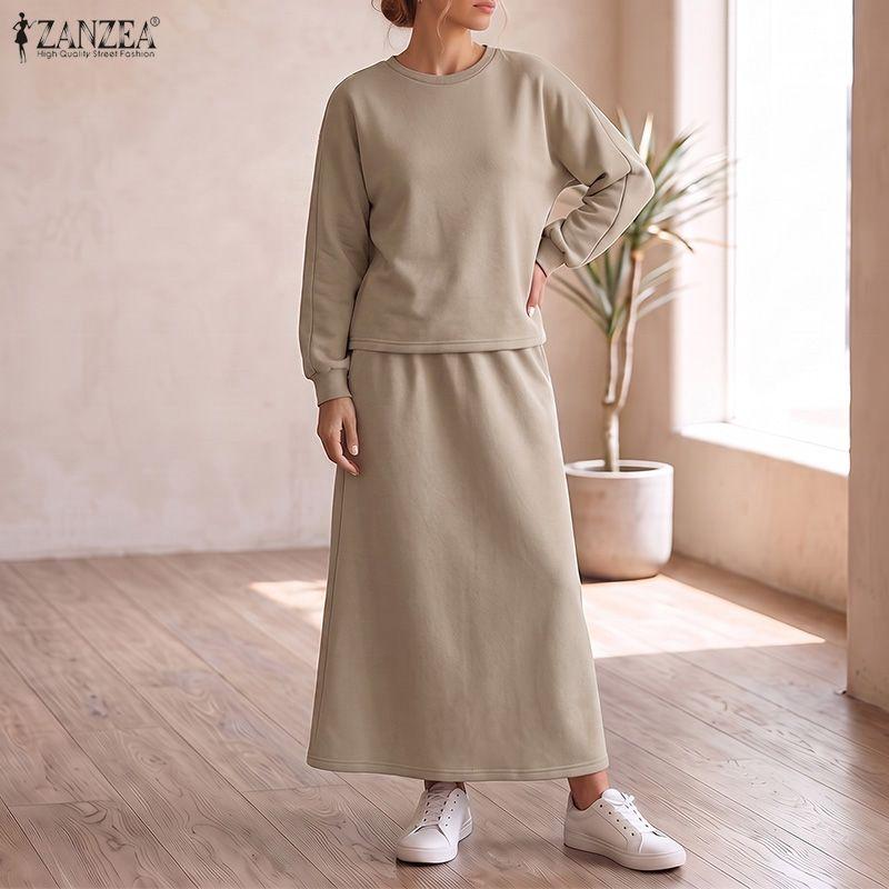 ZANZEA Женские толстовки с длинным рукавом и длинные юбки, осенние костюмы-двойки