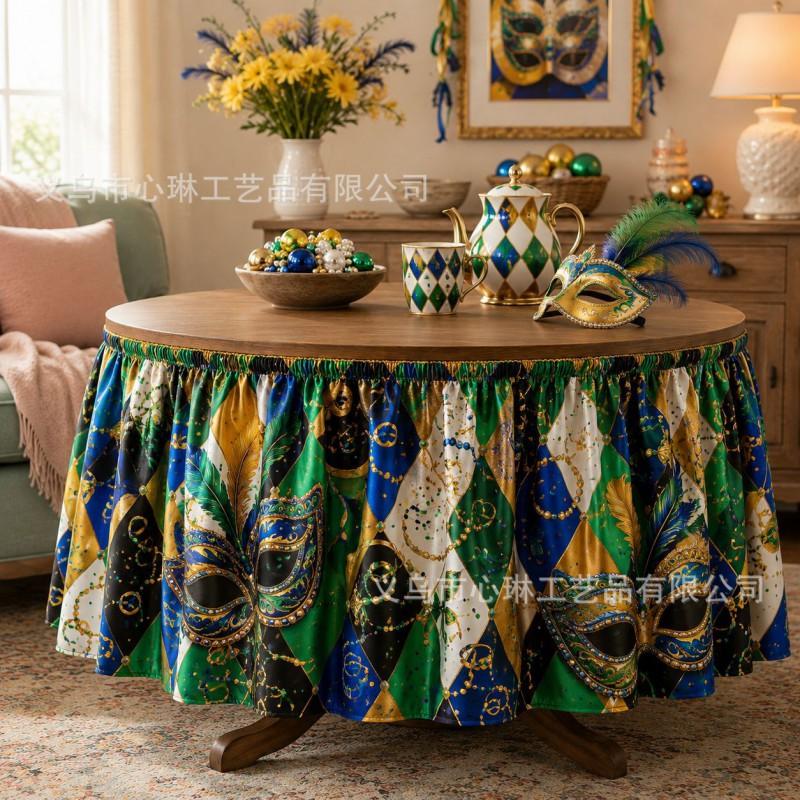 Tropical Plant Print Round Tablecloth Carnival Party Decor Festive Table Skirt In Geometric Abstract Design
