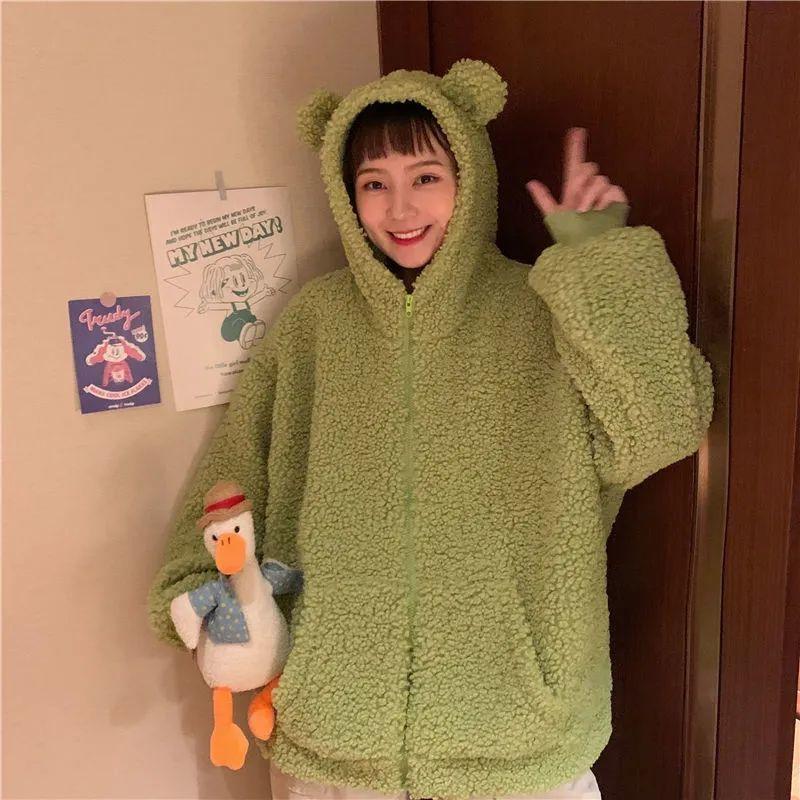 Harajuku Kawaii Zipper Hoodie Women Sweatshirt Japanese Frog Thick Oversized Lambs Wool Coats Trend Warm Winter Clothes