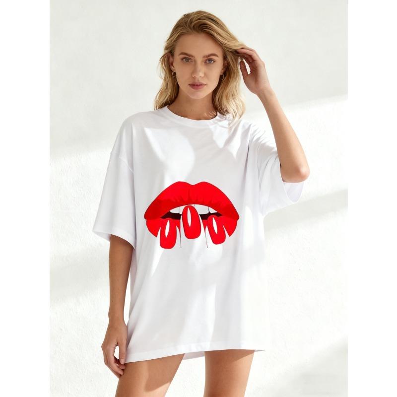 Oversized T Shirt Black Red Lips With Text Gogo Casual Wear For Women Summer Fashion Statement Top Street Style Outfit