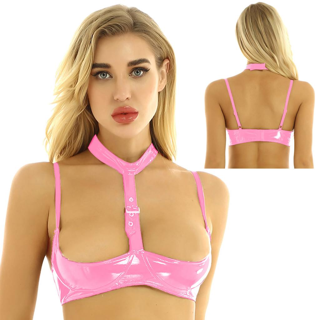 Women Patent Leather Wireless Bra Adjustable Push Up Bra Tops Female Backless Bralette Lingerie
