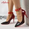Aphixta Новые туфли-лодочки с пряжкой на ремне и кристаллами, женские туфли из лакированной кожи, красные, на очень высоком каблуке-шпильке 10 см, с острым носком, размер 50