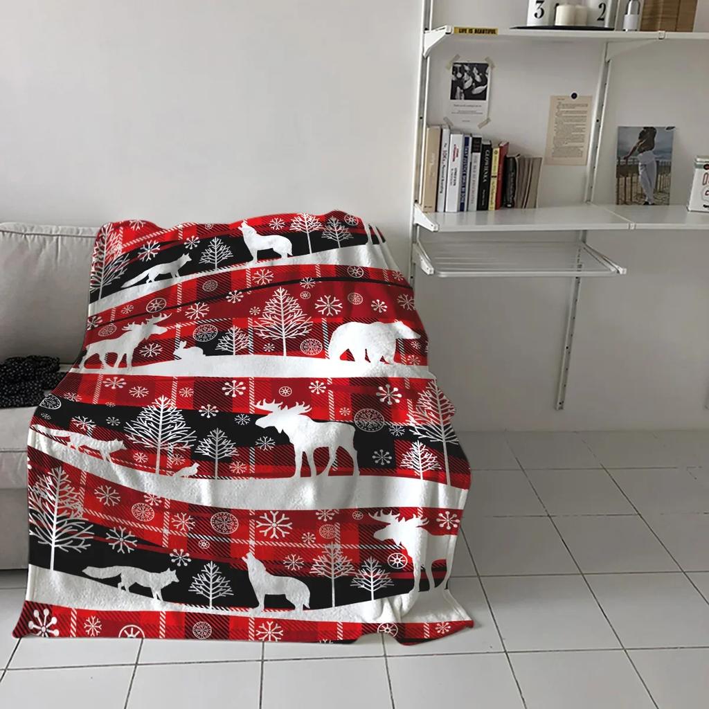 Christmas Winter Animals Checkered Buffalo Blankets Throw Cover Fleece Comfort Warm Room Couch Home Bedspread Blanket
