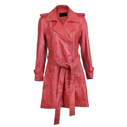 Partywear Stylish Designer Halloween Red Belt Lambskin Trenchcoat Leather Women