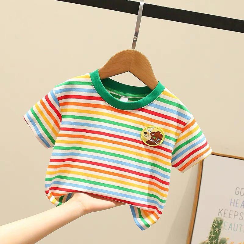 Летняя футболка с короткими рукавами в радужную полоску для мальчиков и девочек, новая футболка с короткими рукавами в стиле колор-блок