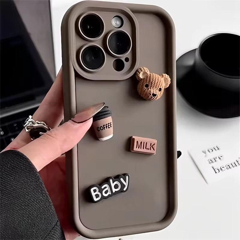 Милый 3D медведь кофе мультфильм силиконовый чехол для iPhone 16 15 12 11 13 14 Pro Max 7 8 Plus X Xs Xr 15pro 14pro 15plus мягкий матовый чехол