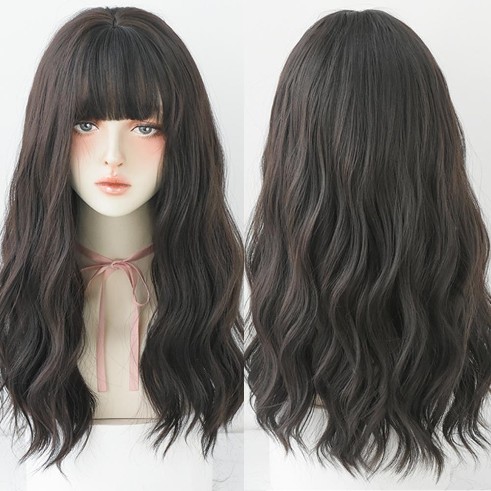Длинный волнистый синтетический парик с челкой из натуральных волос, женский термостойкий парик для повседневного использования для косплея