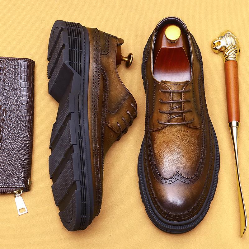 Деловые повседневные кожаные туфли мужские из натуральной кожи мягкие кожаные туфли на платформе британские мужские туфли с гравировкой Brock