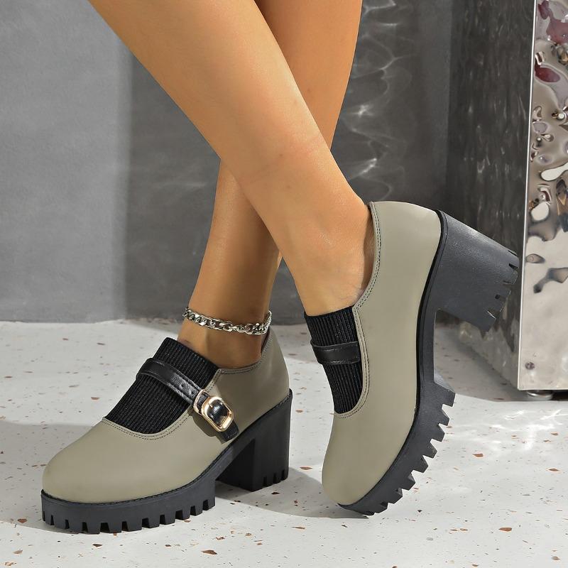 Large Size High-heeled Single Shoes Women's Autumn New Fashion Round Head One-word Buckle Thick-heeled Women's Shoes