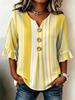 Women's Pink Purple Vertical Striped V-Neck Button Front Blouse, 3/4 Ruffle Sleeve Loose Top for Office, Vacation & Daily Outfits