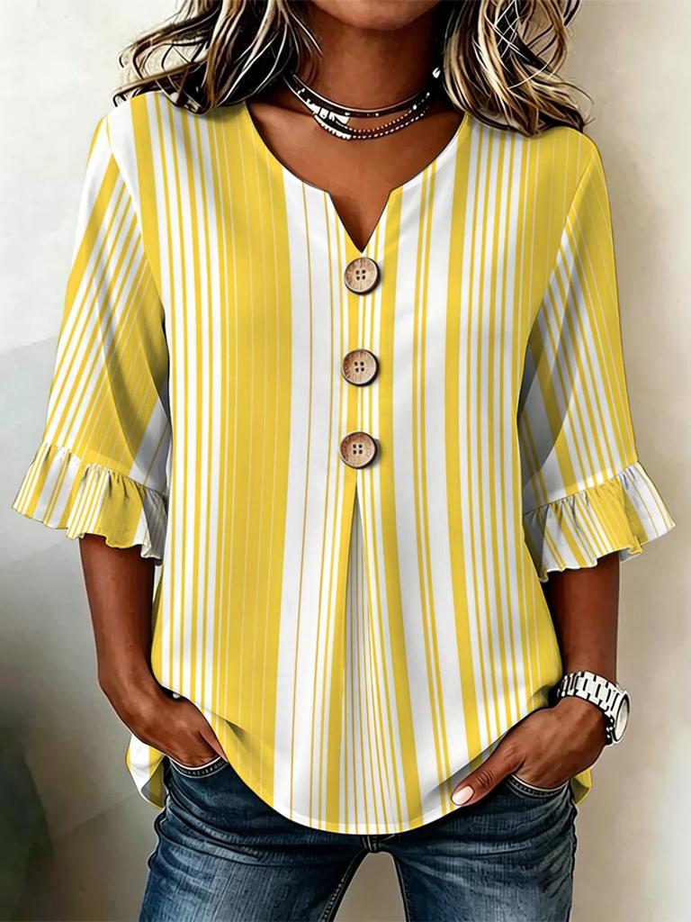 Women's Pink Purple Vertical Striped V-Neck Button Front Blouse, 3/4 Ruffle Sleeve Loose Top for Office, Vacation & Daily Outfits
