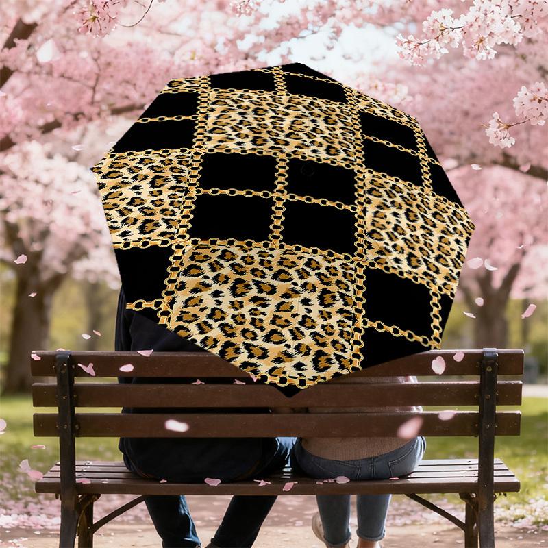 1PC Leopard Print Chain Grid Umbrella-8-Rib Reinforced, Automatic Open, Lightweight & Durable, Cute Fashion Accessory for Outdoor-K1232