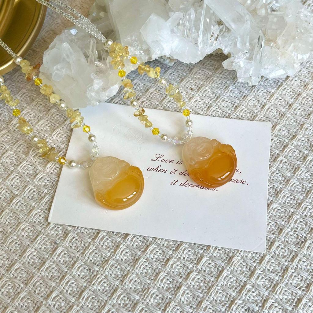 Натуральное агатовое ожерелье с желтком халцедона, листом Будды Гуаньинь и цепочкой-свитером с пряжкой безопасности