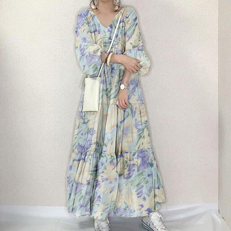 ZANZEA Women Casual V-neck Floral Print Long Sleeve Long Dress