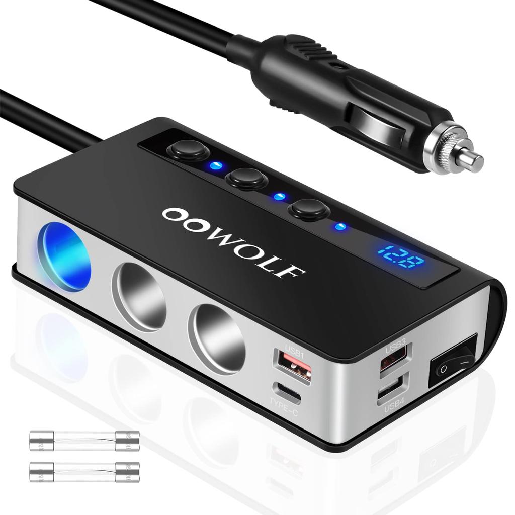 OOWOLF Cigarette Lighter Socket, 3 Connections, 180 W, USB X 4 Ports, Quick Charge