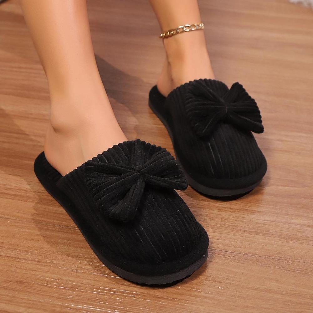 Cute Bowknot Soft Sole Fuzzy Slippers, Winter Cozy & Warm Slip On Plush Shoes, Comfy Closed Toe Home Slippers