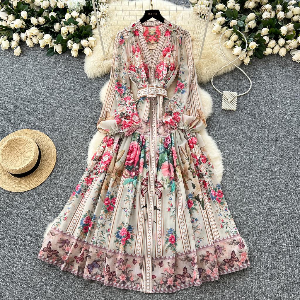 Spring Summer Women V-neck Vintage Print Chiffon Runway Dress Single Breasted Long Maxi Loose Holiday Beach Dresses with Belt