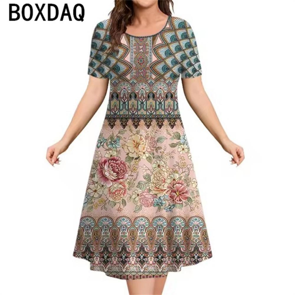 Vintage Tribal Ethnic Floral Graphic Elegant Women's Dress 2025 New Summer Short Sleeve O-Neck Casual Loose A-Line Dress Vestido