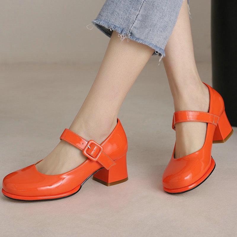 Patent PU Leather Orange Red Closed Toe Women Pumps Big Size 47 48 Mature Lady Office Shoes Buckle Strap Mary Jane Chunky Heels Big Plus Size 48