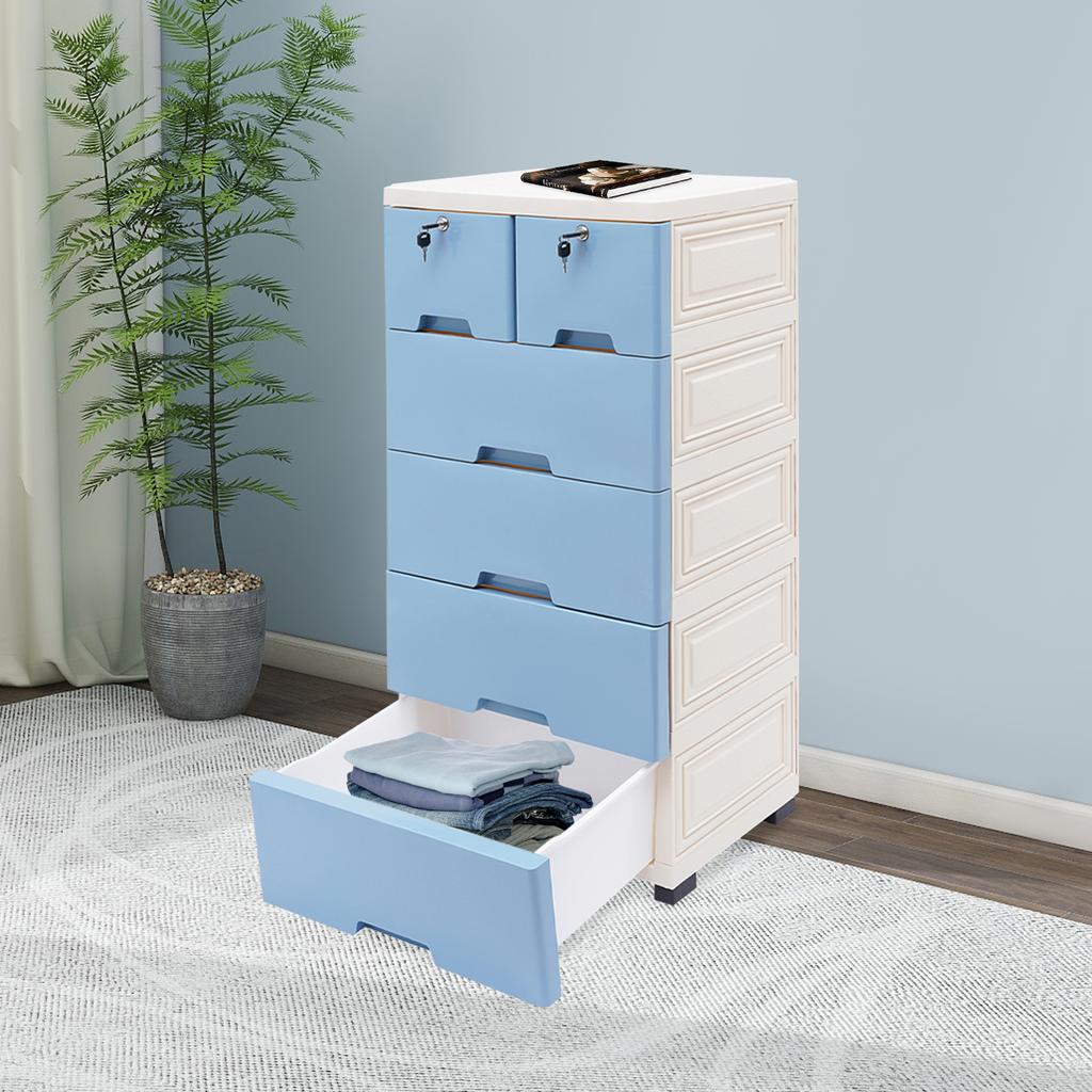 6pcs Drawers PP Rectangle Storage Cabinet Home Furniture with 4 Bottom Wheels,Two Small Drawers with Locks Simple Elegant Design