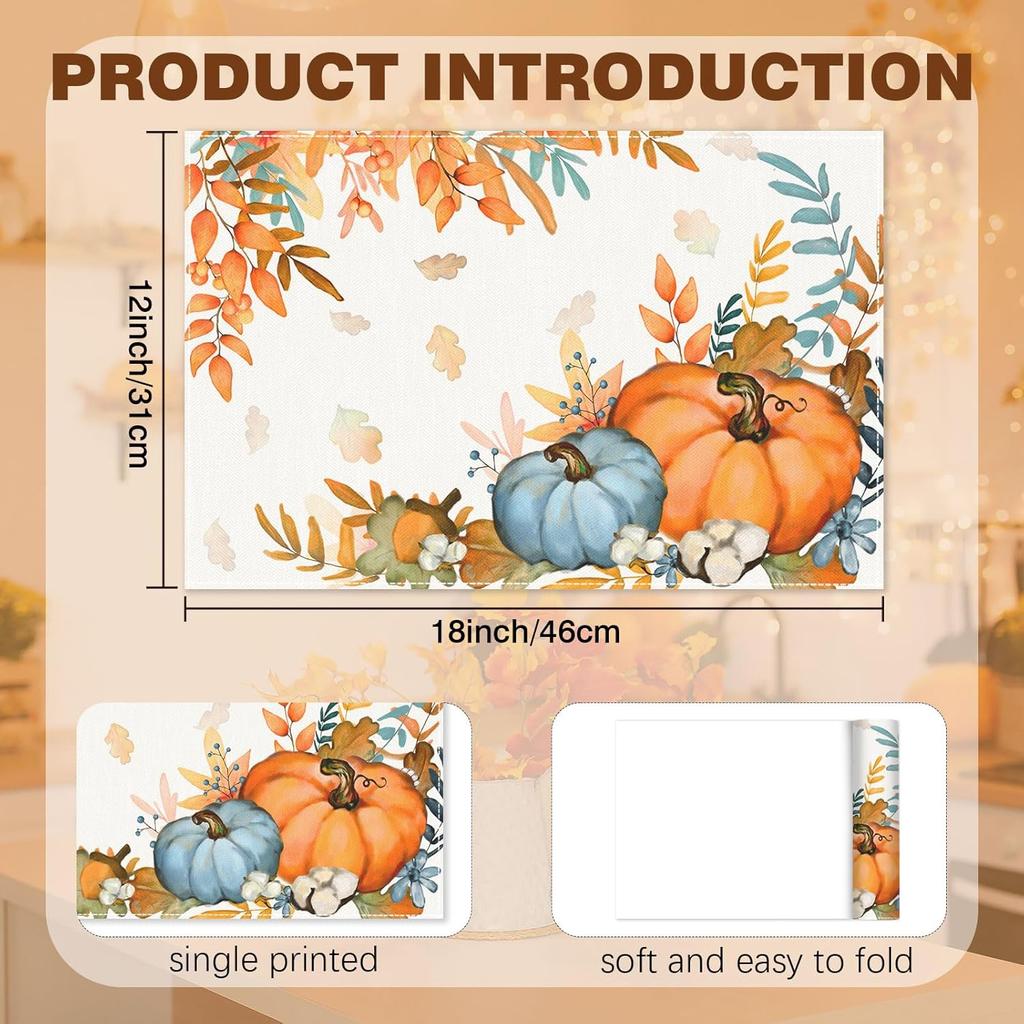 Fall Placemats Set of 4 Placemats,12x18 Inch Autumn Pumpkin Pattern Table Mats for Thanksgving Fall Holiday Party Kitchen Dining Indoor Outdoor Table