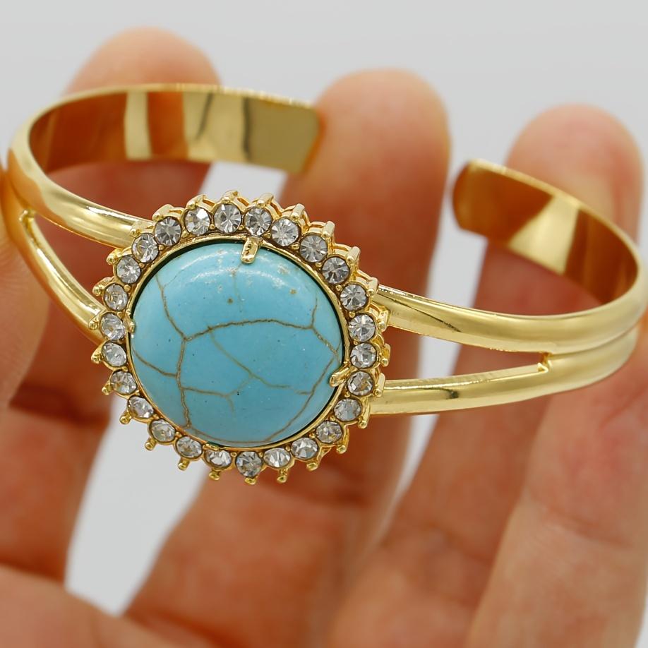 1pcs Bracelet Gold-plated copper bracelet with rhinestones, round blue turquoise, open design for women Suitable for daily banquets and parties