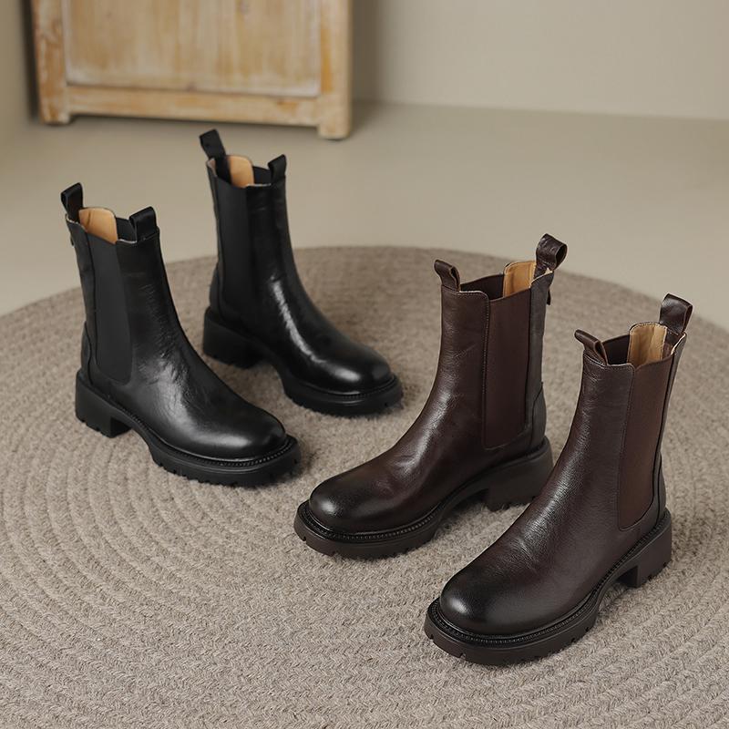 Krazing Pot Осенне-зимняя обувь из коровьей кожи с круглым носком на платформе, большие размеры, базовая одежда, ботинки челси без шнуровки на толстом среднем каблуке, женские ботильоны