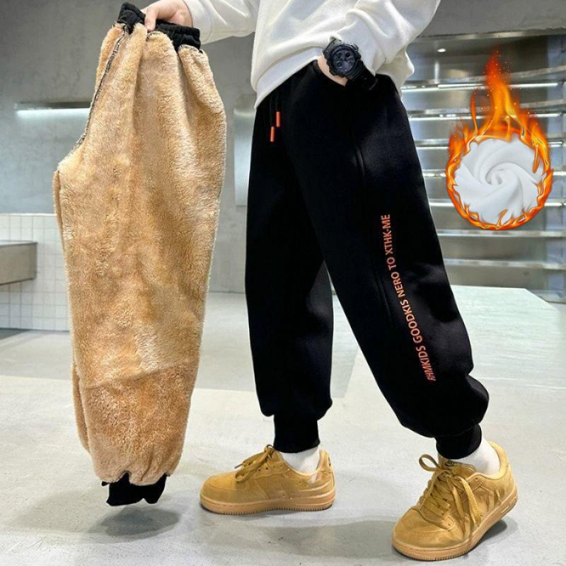 Толстые штаны из овечьей шерсти для мальчиков, зимние брюки из плюша и бархата для подростков, детские спортивные штаны из хлопка, теплая одежда для больших детей
