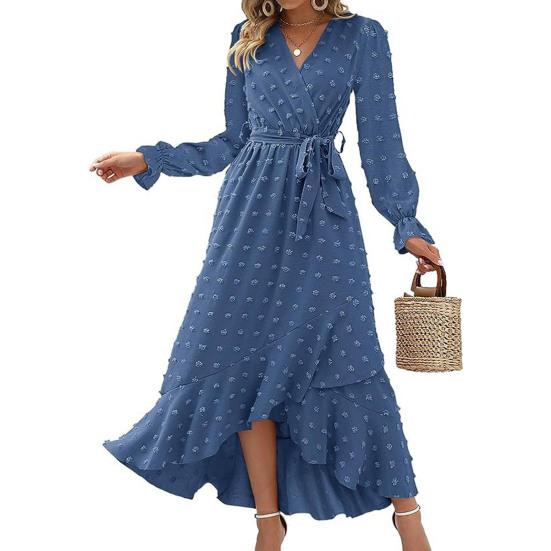 Long Sleeve Maxi Dress for Women V Neck Dot Design Boho Wrap Dress Casual Flowy Slit Wedding Guest Dress for Cocktail Party