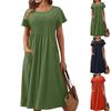 Women's Fashion Solid Color Round Neck Pocket Pleated Short Sleeve Cotton And Linen Dress