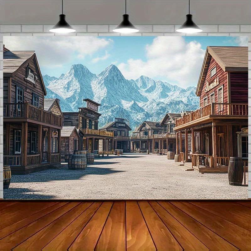 1pc Western Town Theme Background with Wooden Bar Rural Bucket and Snow Mountain