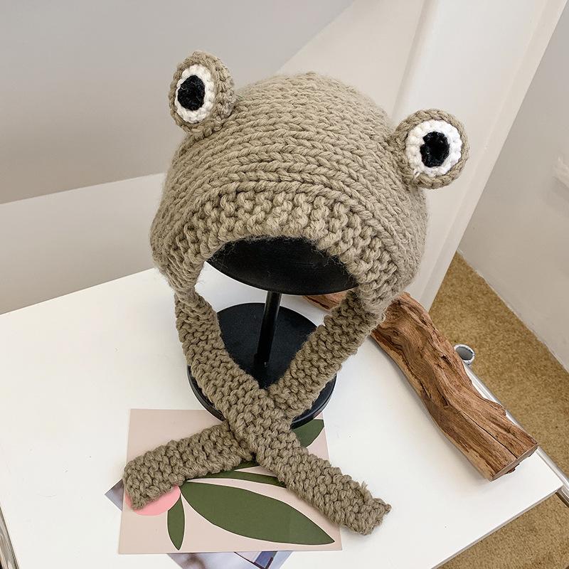 Лягушка Вязаная Шерстяная Шапка для Женщин Осенью и Зимой Универсальный Милый Корейский Стиль Головной Убор Зимний Головной Убор Рогатый Модный Накладка на Уши