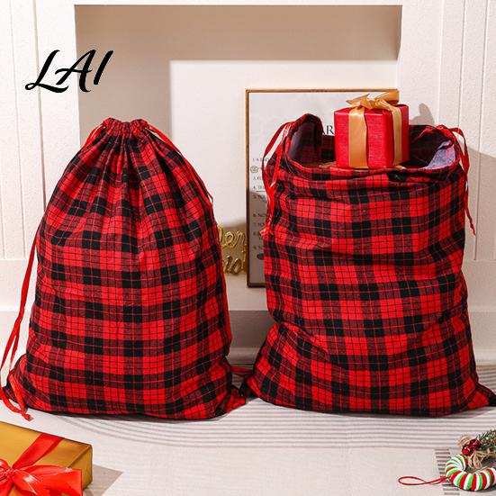 Polyester Cotton Gift Containers Christmas Buffalo Plaid Bag Reusable Drawstring Large Capacity Sacks Holiday Wrapping Candy Sack for Xmas