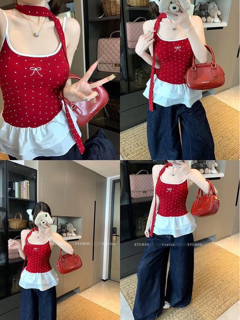 Women's Polka Dot Bow Camisole – Summer Ruffled Patchwork Top