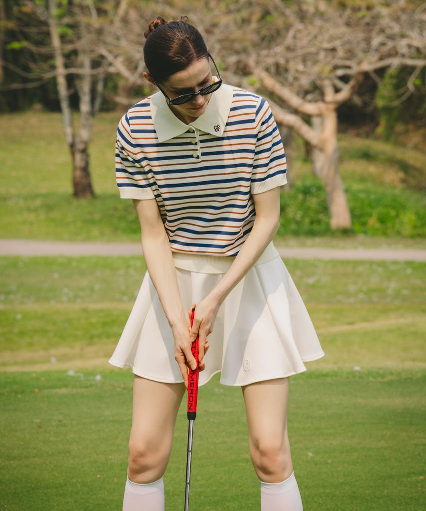 OBER GOLF Cool Stripe Polo Knit Top (Light Beige)