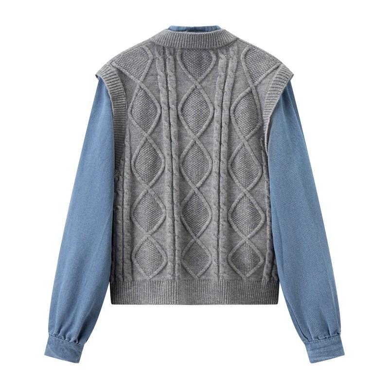 Fashion Trendy Denim Knit Fake Two-Piece Top Street Style Round Neck Long Sleeve Cardigan
