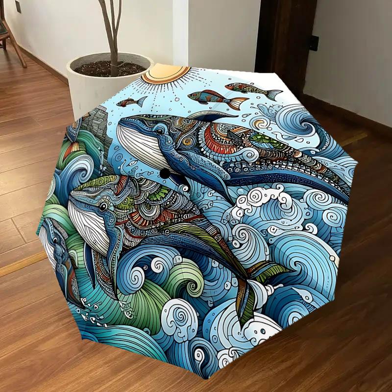 1PC Whale Ocean Automatic Open/Close Umbrella with Windproof, 8-Rib Sturdy Canopy, Durable Ribs, Fashionable Design, Outdoor Accessory, Fun Prin, Holi