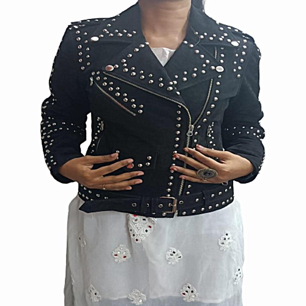 Women's BLACK Suede Leather Jacket,Silver Studded Fashion,Leather Jacket,BIKER Style Suede Jacket,For Girls,Party Wear Jacket,Special Gift For Her
