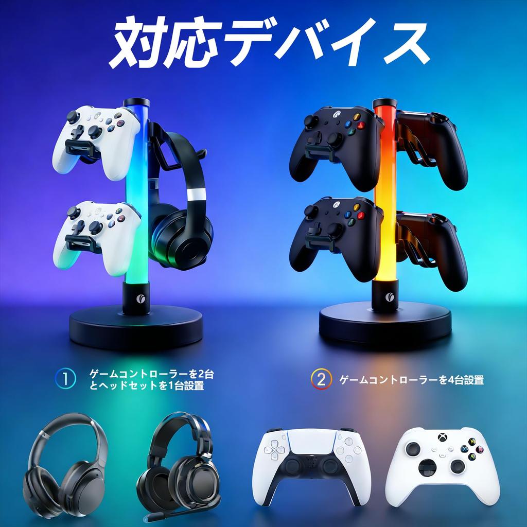 VCOM Игровой стенд Настольное хранение RGB Стенд для наушников Стенд для игровых гарнитур Вмещает 4 контроллера Питание от USB 17 режимов освещения Организация рабочего стола Черный