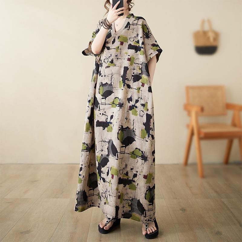 Летнее женское пляжное платье больших размеров из хлопка и льна с принтом и V-образным вырезом, свободное, простое, в стиле отпуска, длинное платье