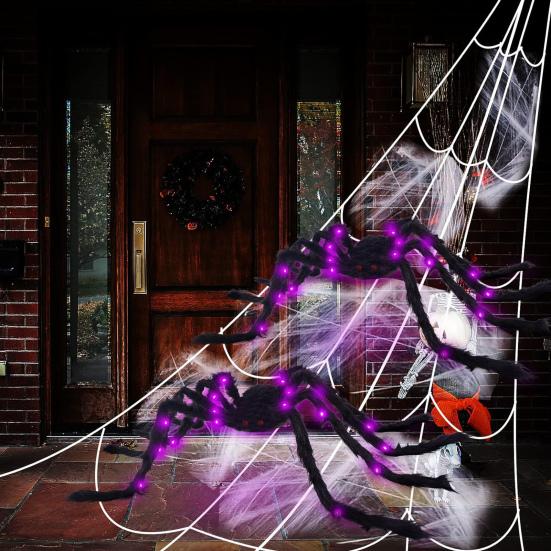 Giant Lighted Spider Halloween Decoration Fake Spider Light-up Realistic Spooky Spider for Indoor Outdoor Yard Patio Festive Decor